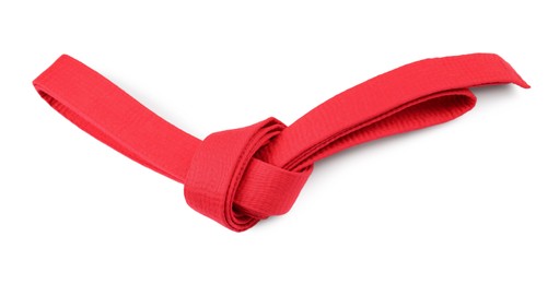 Red karate belt isolated on white. Martial arts uniform