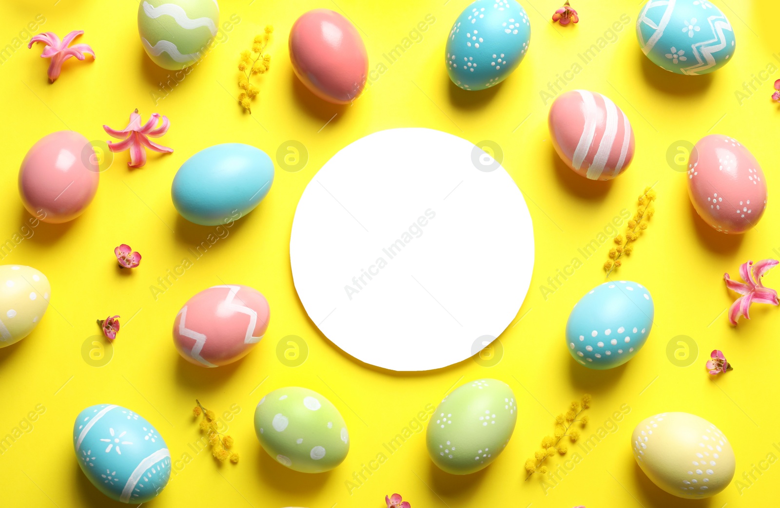 Photo of Flat lay composition with painted Easter eggs and blank card on color background, space for text