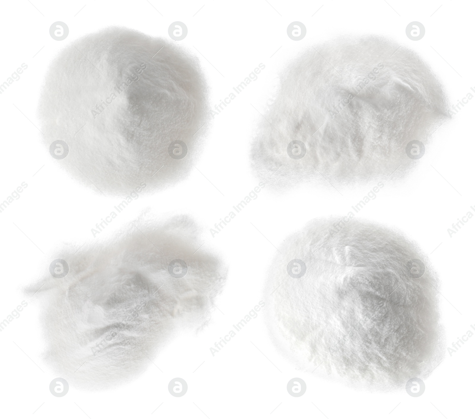 Image of Set with piles of baking soda on white background, top view