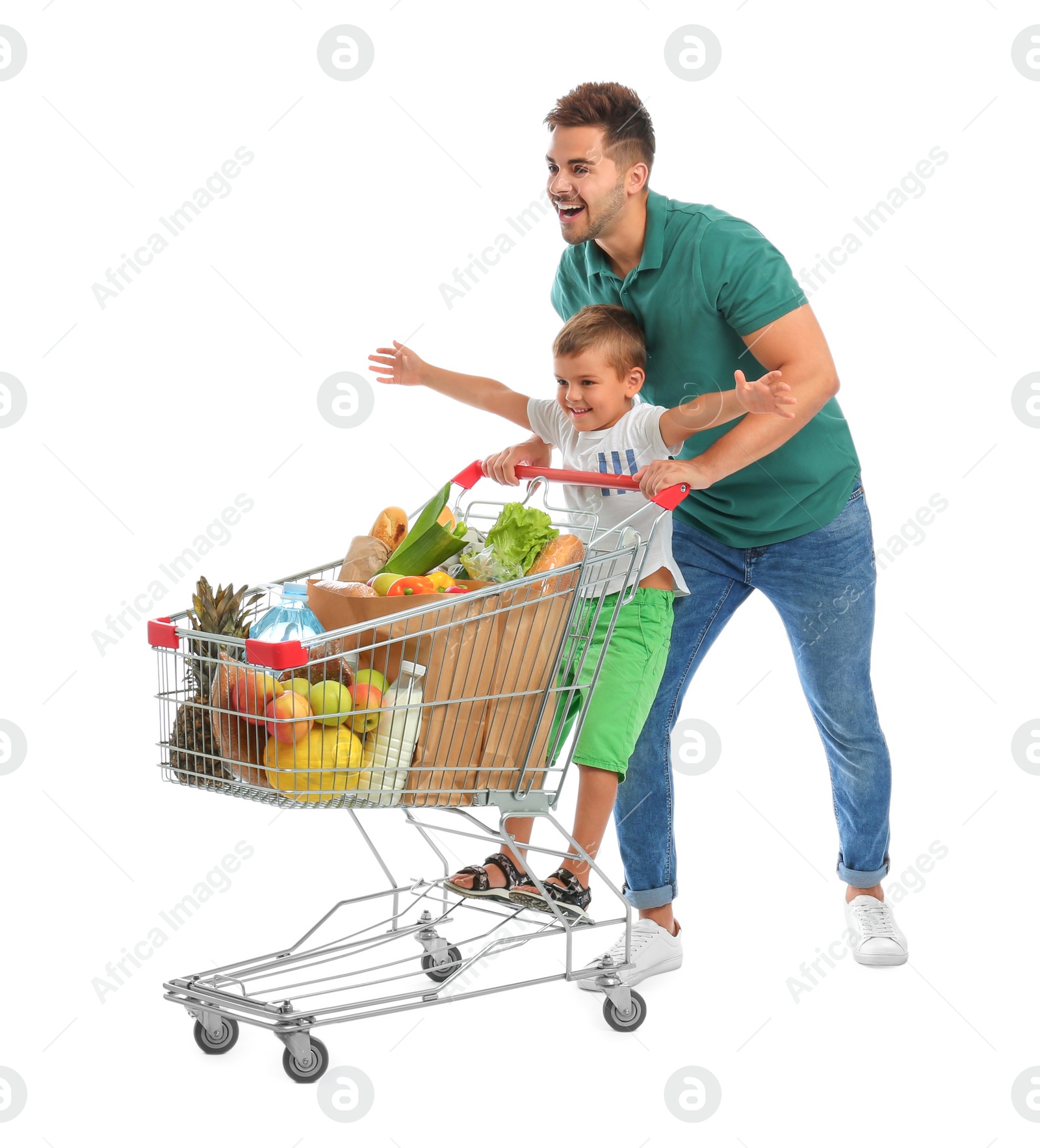 Photo of Father and son with full shopping cart on white background