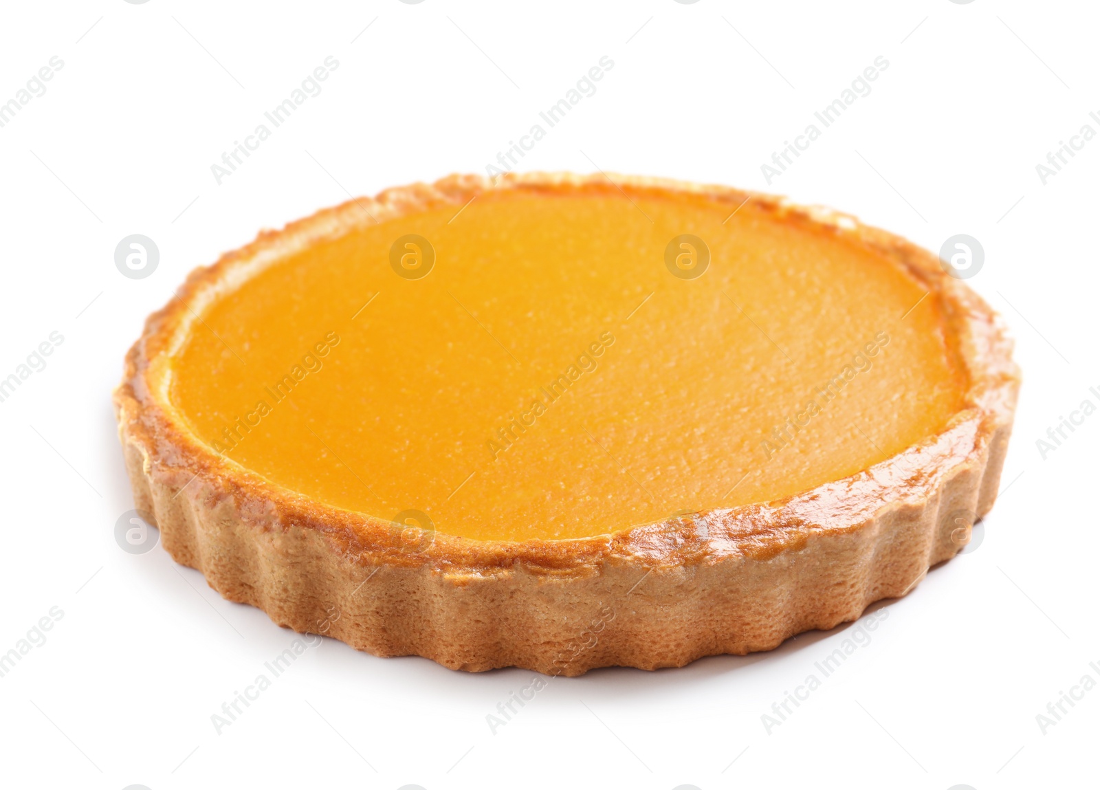 Photo of Fresh delicious homemade pumpkin pie on white background