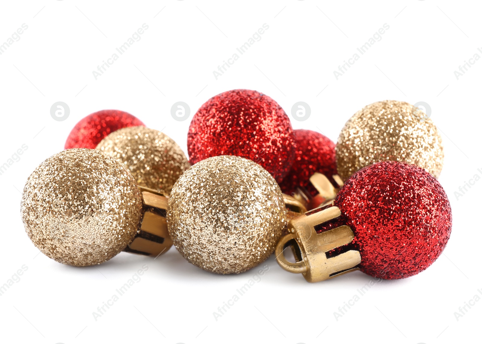 Photo of Many beautiful Christmas balls on white background