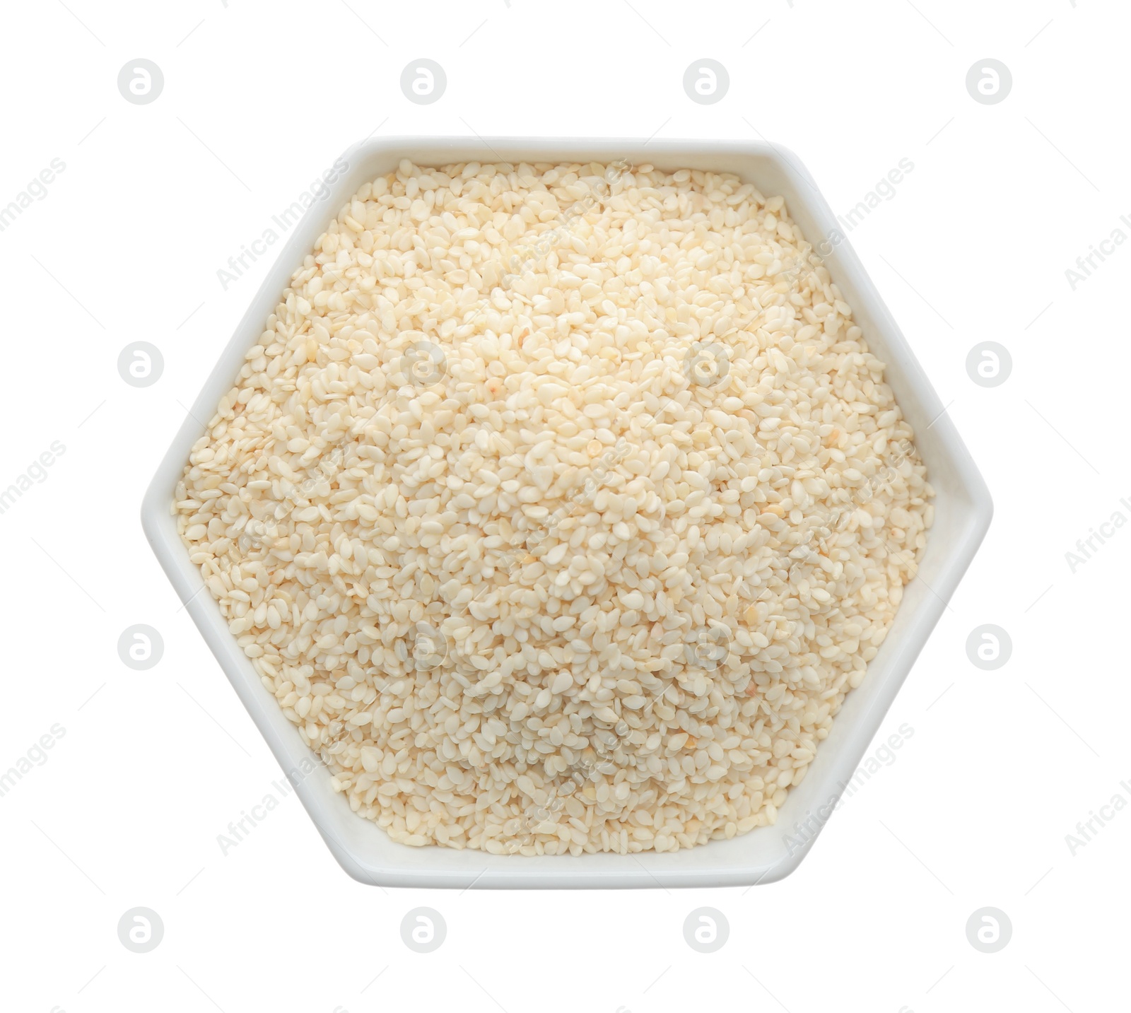 Photo of Sesame seeds in bowl on white background, top view