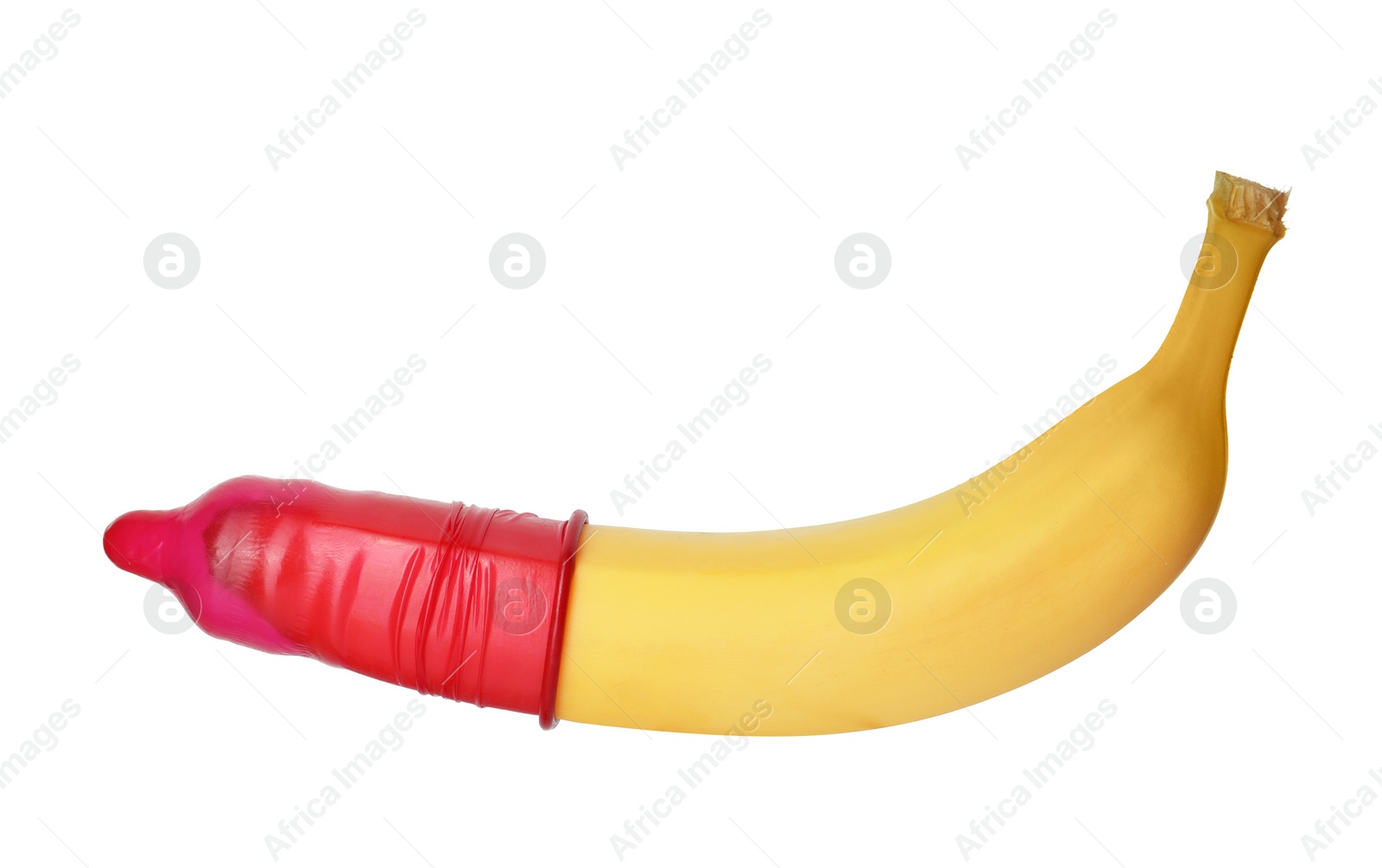 Photo of Banana with condom isolated on white. Safe sex concept