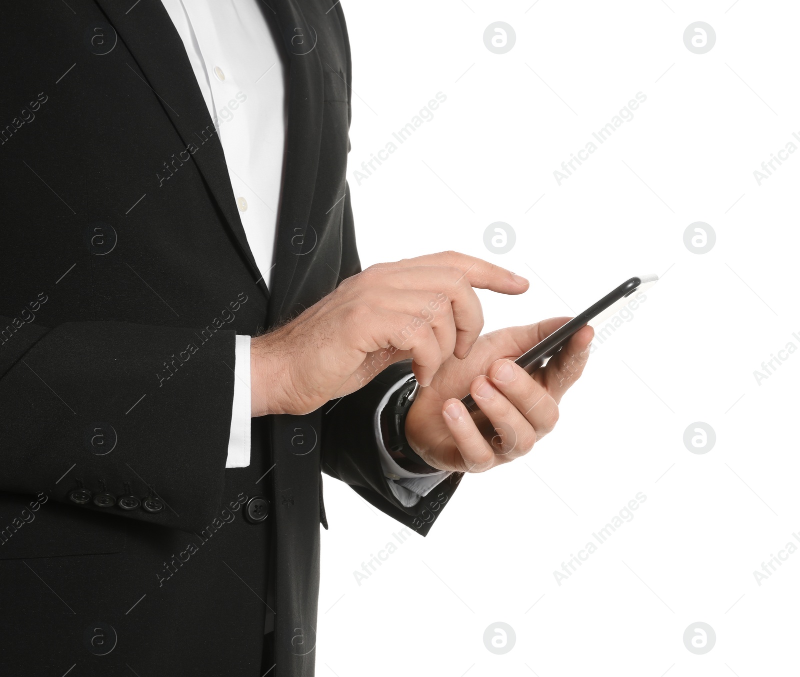 Photo of Businessman with smartphone on white background, closeup