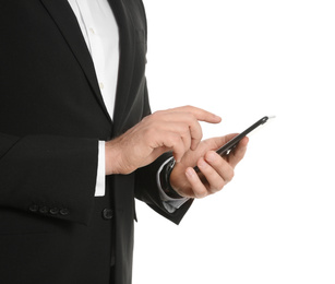 Businessman with smartphone on white background, closeup