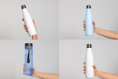 Image of Collage with photos of women holding thermo bottles of drink on light background, closeup