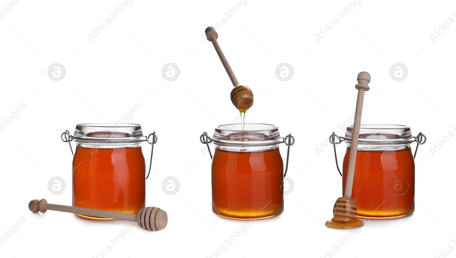 Image of Set of organic delicious honey on white background