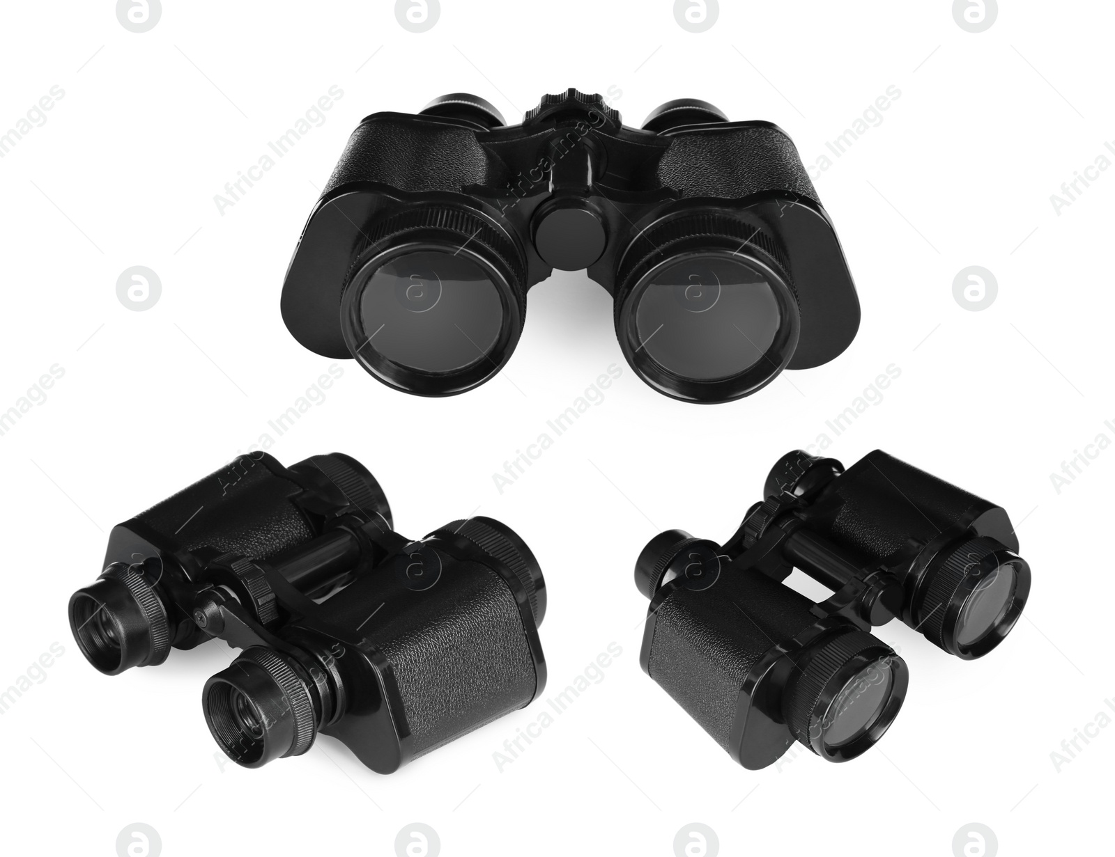 Image of Collage with black binoculars on white background, different sides