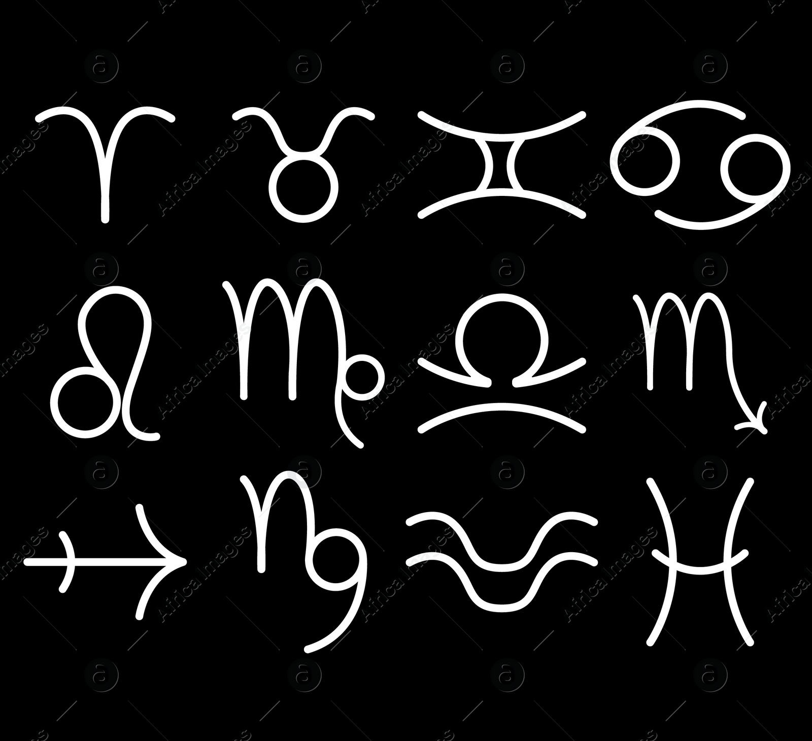 Illustration of Collection of astrological signs on black background. Illustration 