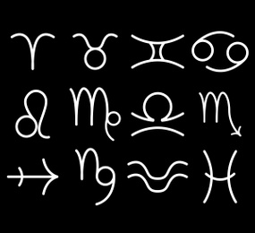 Collection of astrological signs on black background. Illustration 