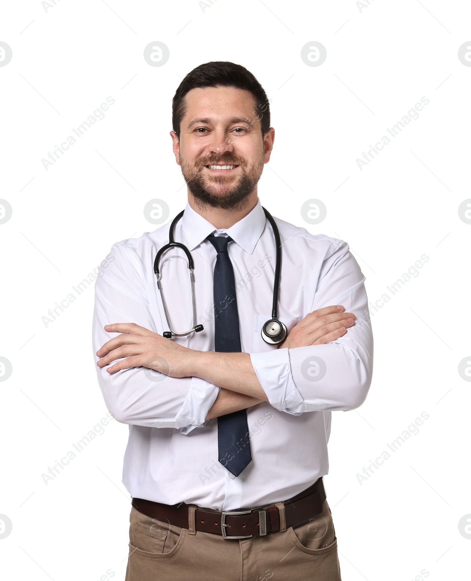 Photo of Portrait of happy doctor with stethoscope on white background