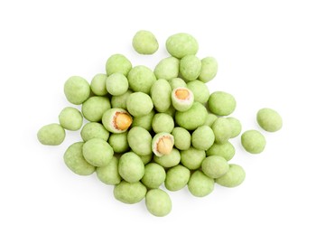 Photo of Pile of wasabi coated peanuts on white background, top view