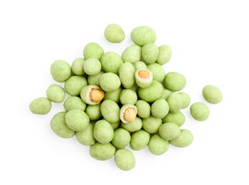 Pile of wasabi coated peanuts on white background, top view