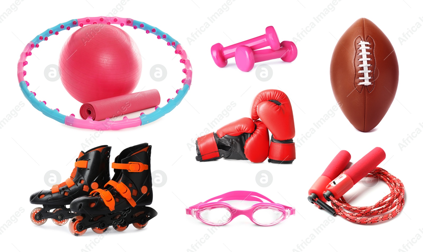 Image of Set of different sport equipment on white background