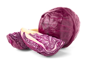 Photo of Whole and sliced red cabbage on white background