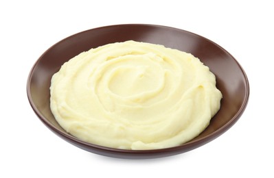 Photo of Plate with freshly cooked homemade mashed potatoes isolated on white