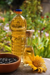 Photo of Bottles of sunflower oil and seeds in bowl on table outdoors
