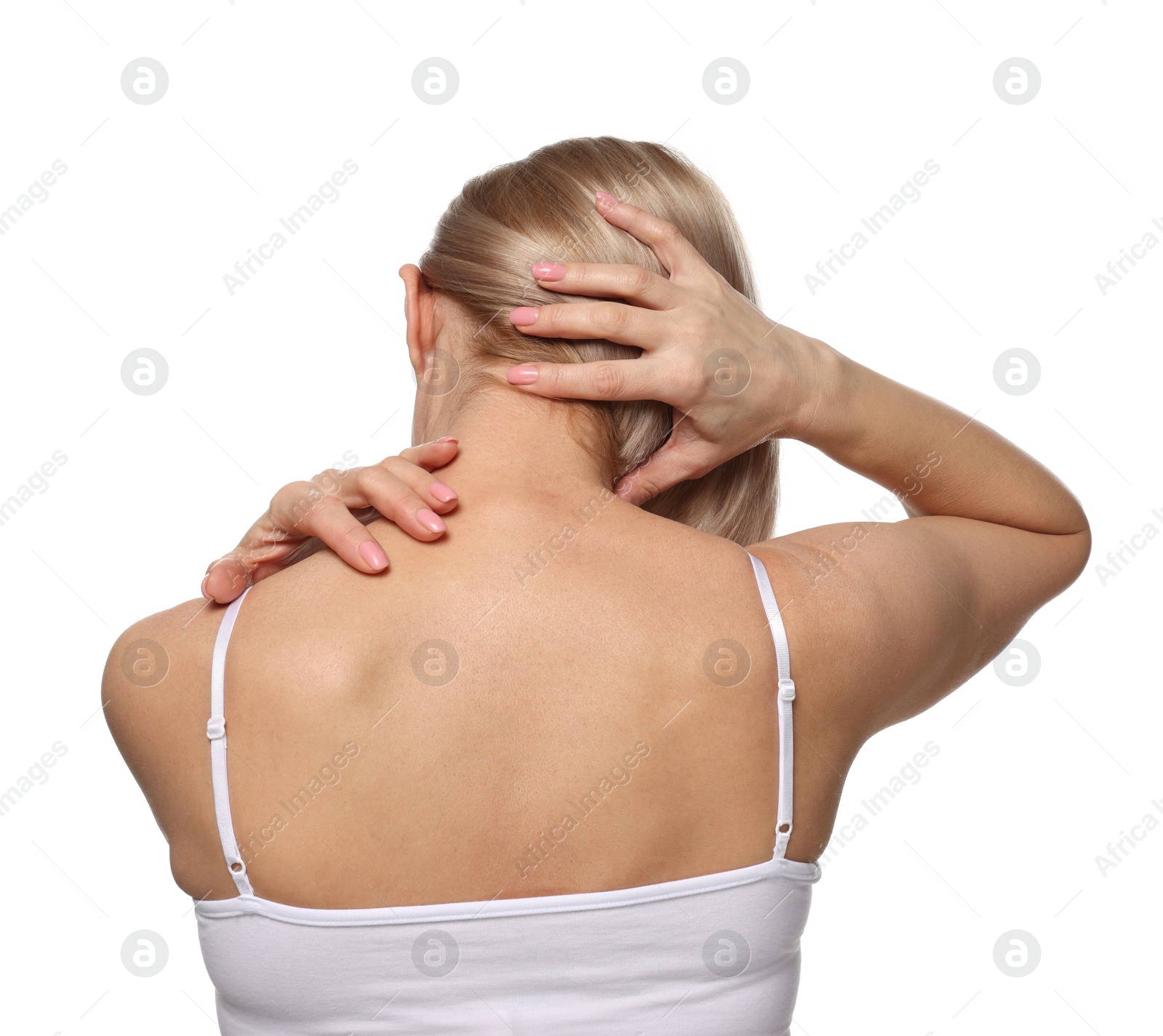 Photo of Woman suffering from pain in her neck on white background, back view