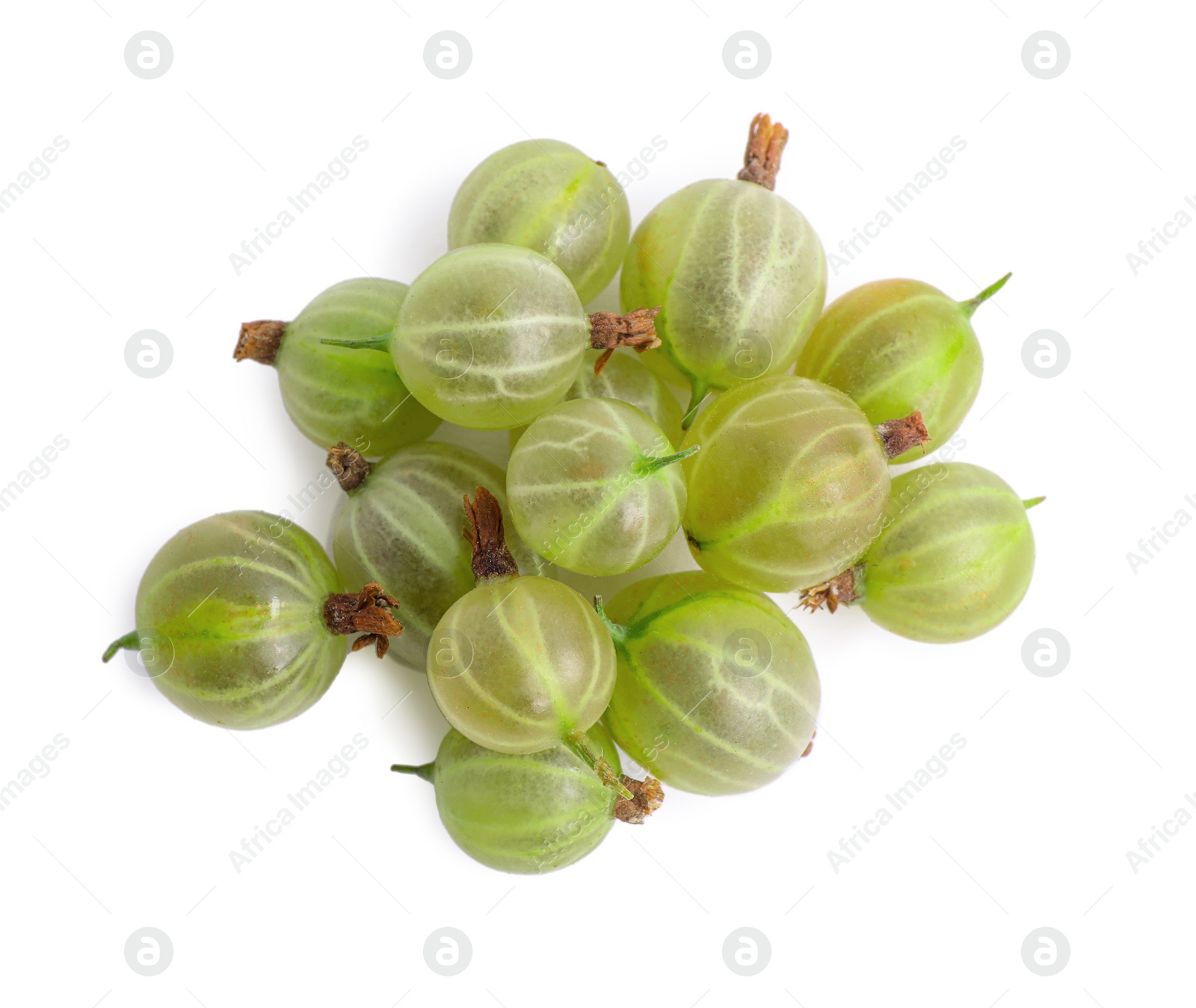 Photo of Pile of fresh ripe gooseberries on white background, top view