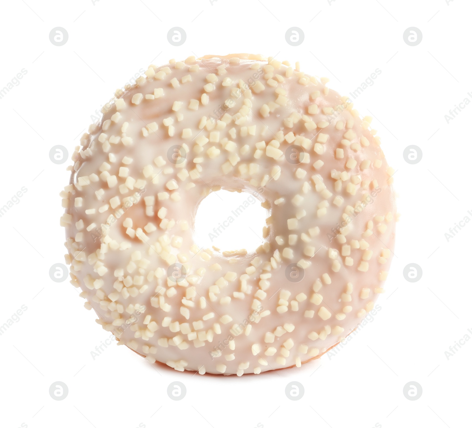 Photo of Delicious glazed doughnut with sprinkles on white background