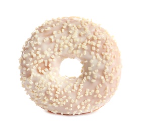 Delicious glazed doughnut with sprinkles on white background