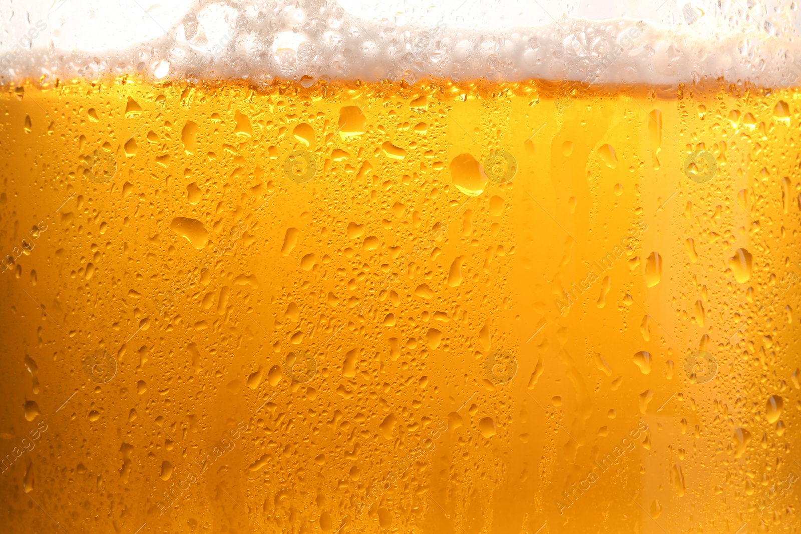 Photo of Glass of tasty cold beer with foam and condensation drops on white background, closeup