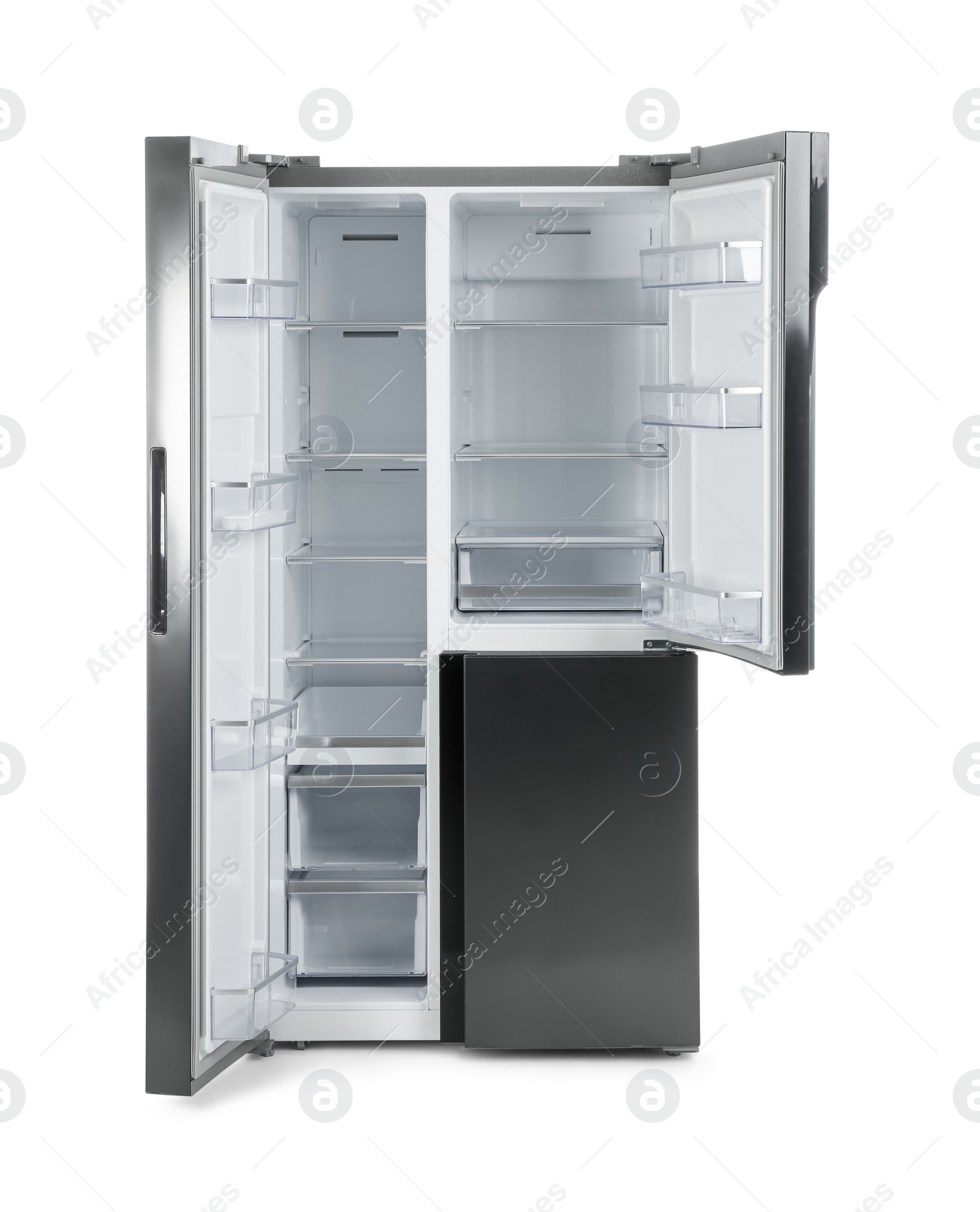 Photo of Modern stainless steel refrigerator isolated on white