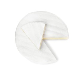 Photo of Tasty cut brie cheese isolated on white, top view