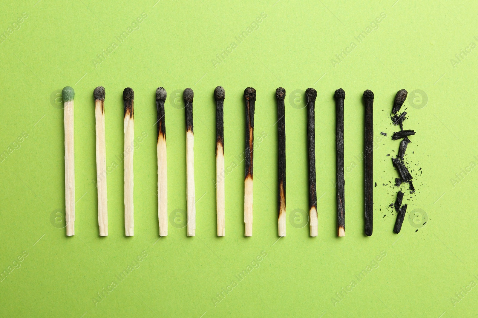 Photo of Row of burnt matches and whole one on color background, flat lay. Human life phases concept