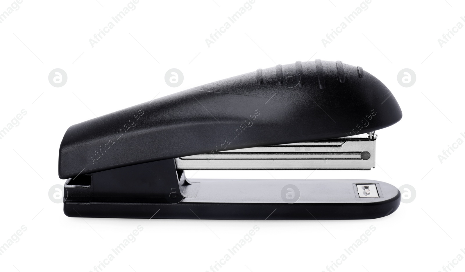 Photo of New black stapler isolated on white. Office stationery