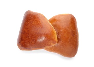 Photo of Delicious baked pirozhki on white background, top view