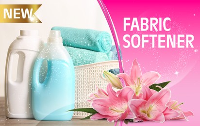 Image of Fabric softener advertising design. Bottles of conditioner, lily flowers and clean towels