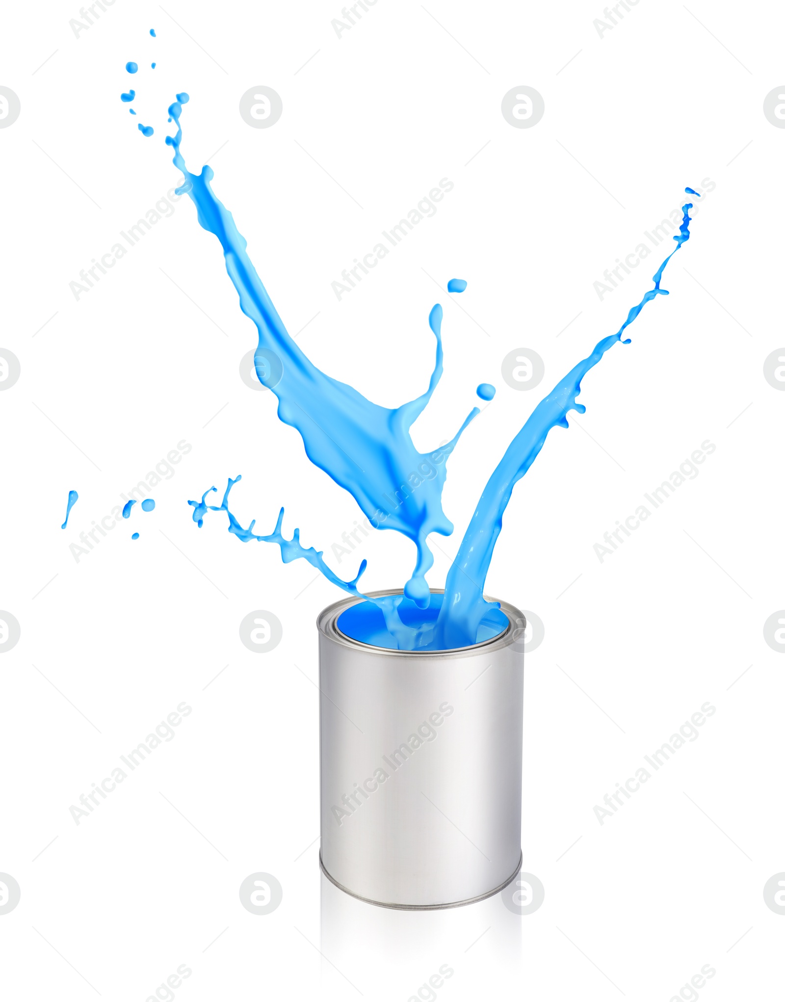 Image of Can with splashing light blue paint isolated on white