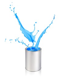 Can with splashing light blue paint isolated on white