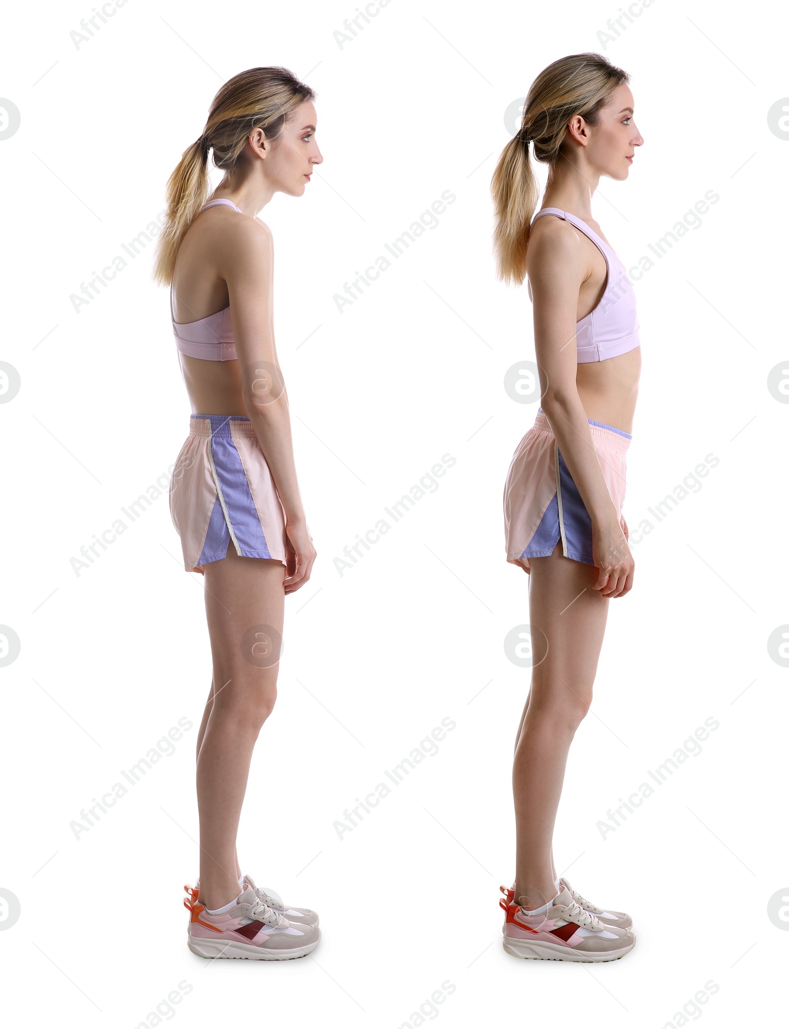 Image of Collage with photos of young woman with poor and good posture on white background