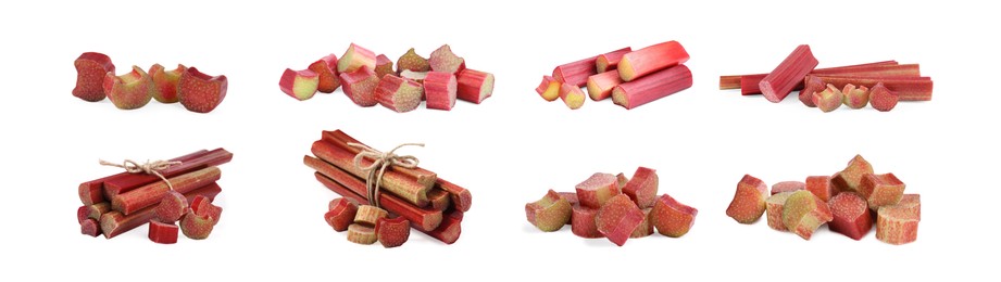 Image of Set with fresh rhubarb stalks isolated on white