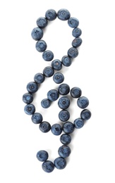 Photo of Treble clef made of bilberries on white background, top view. Creative musical notes