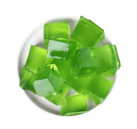 Photo of Plate with green jelly cubes on white background, top view