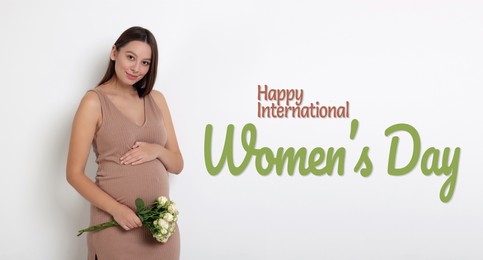Happy Women's Day, Pregnant lady holding bouquet of beautiful flowers on white background