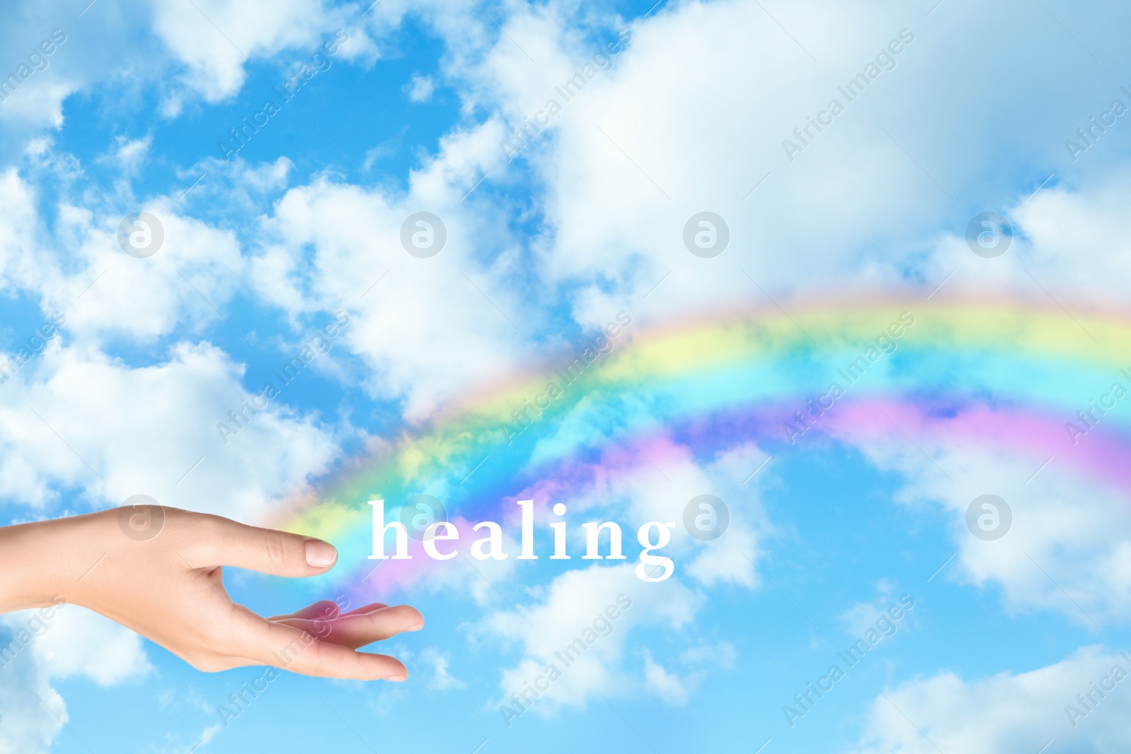 Image of Woman and rainbow as source of healing energy on sunny day, closeup