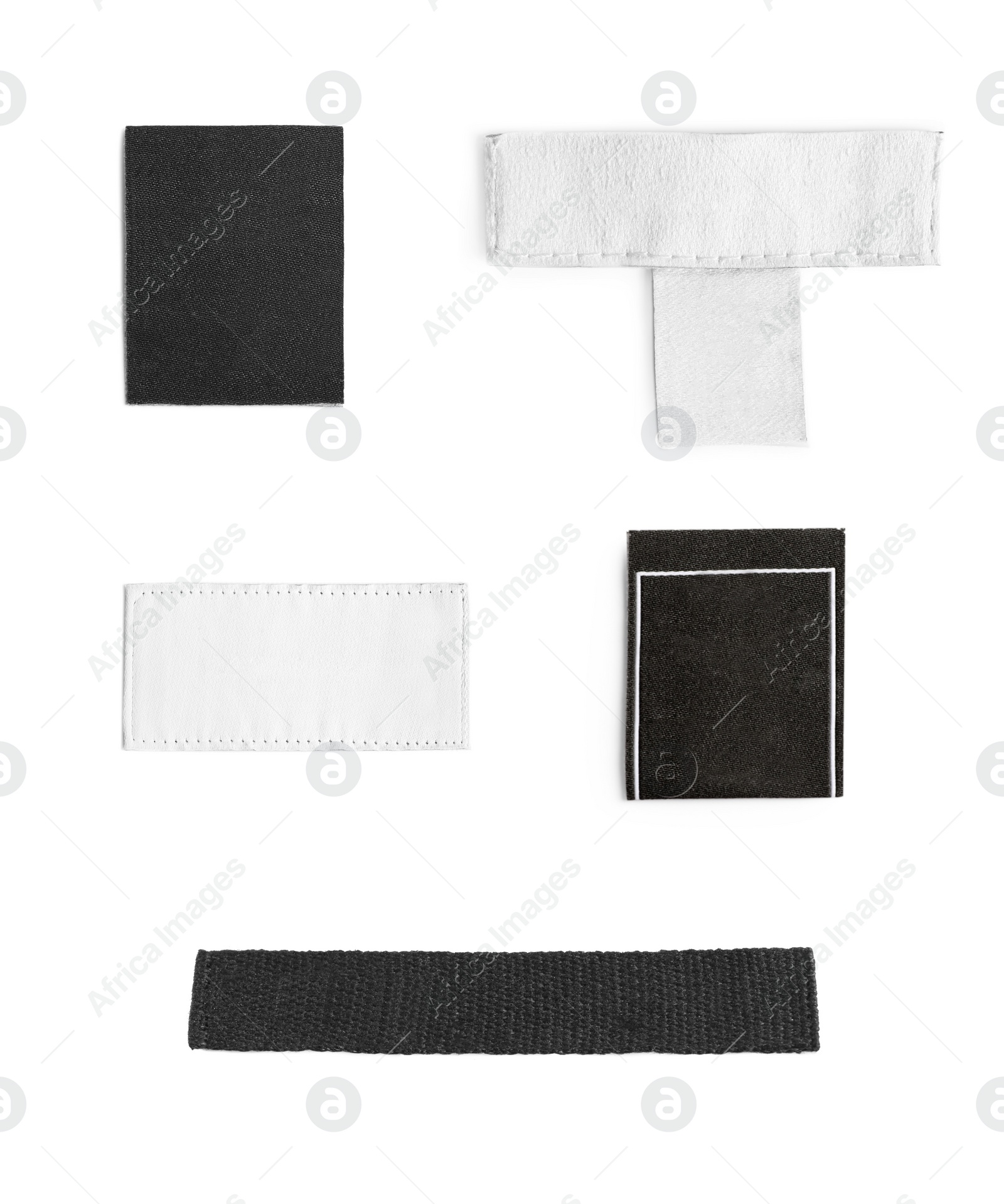 Image of Different blank clothing labels on white background, collage