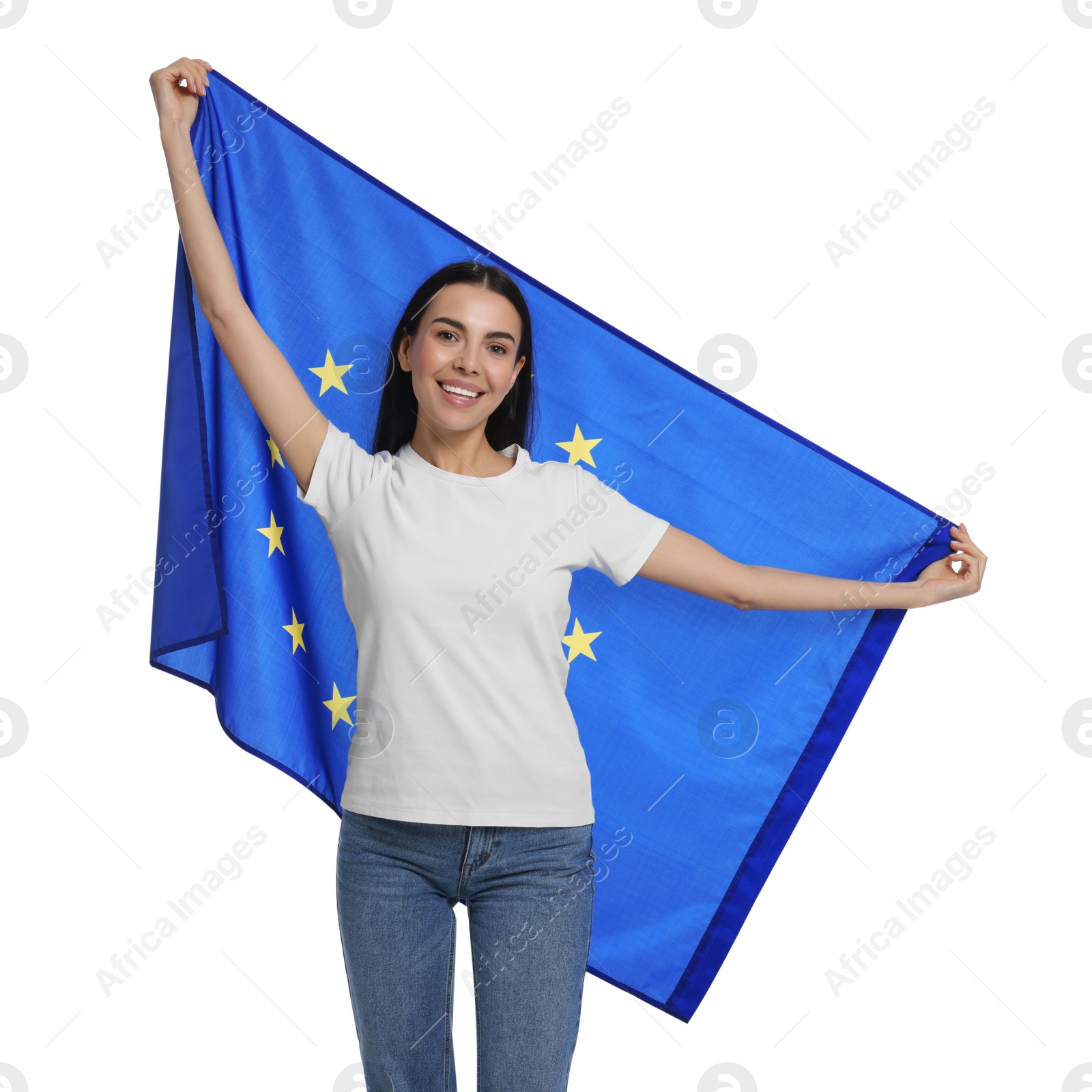 Photo of Woman holding European Union flag on white background