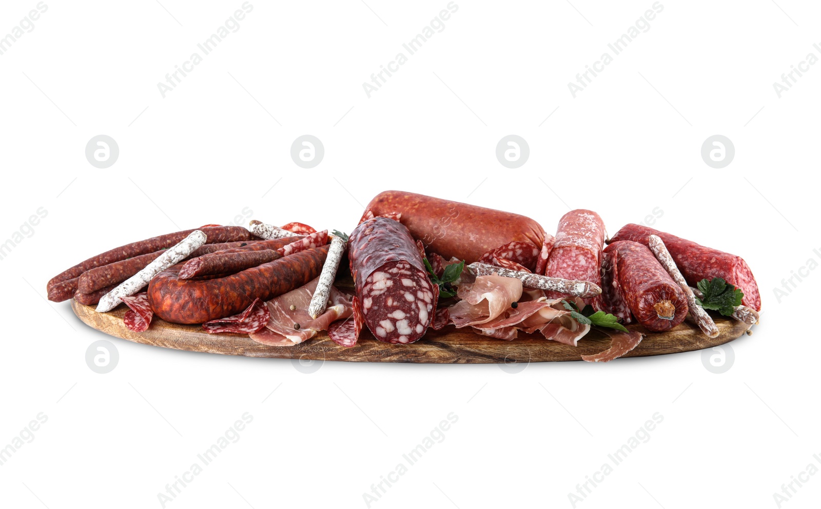 Photo of Different types of sausages with parsley served on board, white background