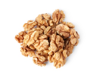 Heap of tasty walnuts on white background, top view