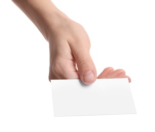 Woman holding empty business card isolated on white, closeup