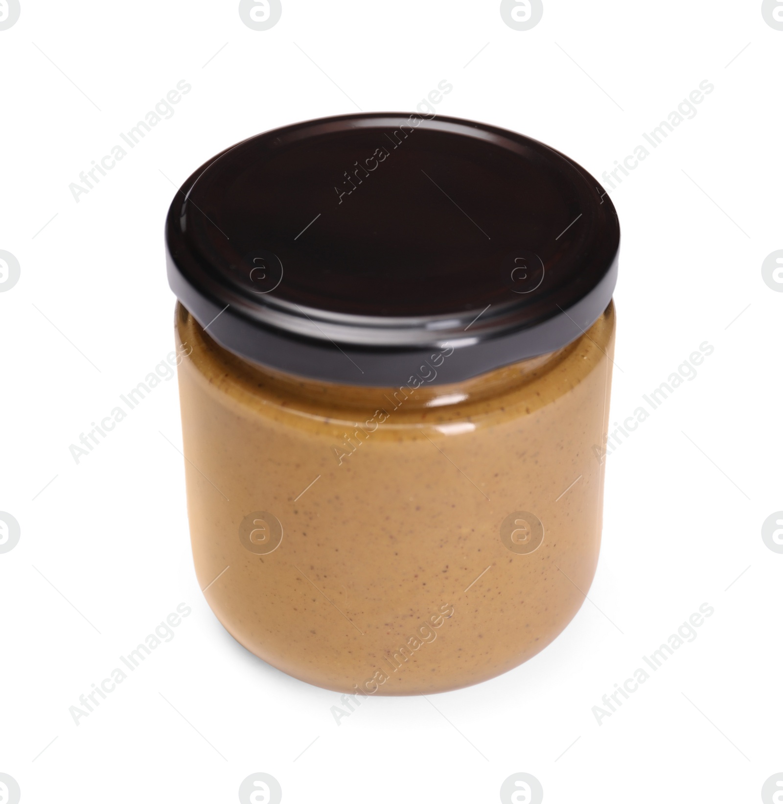 Photo of Tasty nut paste in jar isolated on white