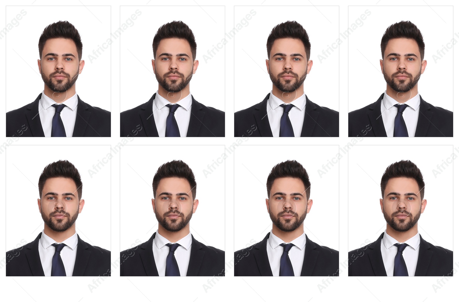 Image of Passport photo, collage. Man on white background, set of photos