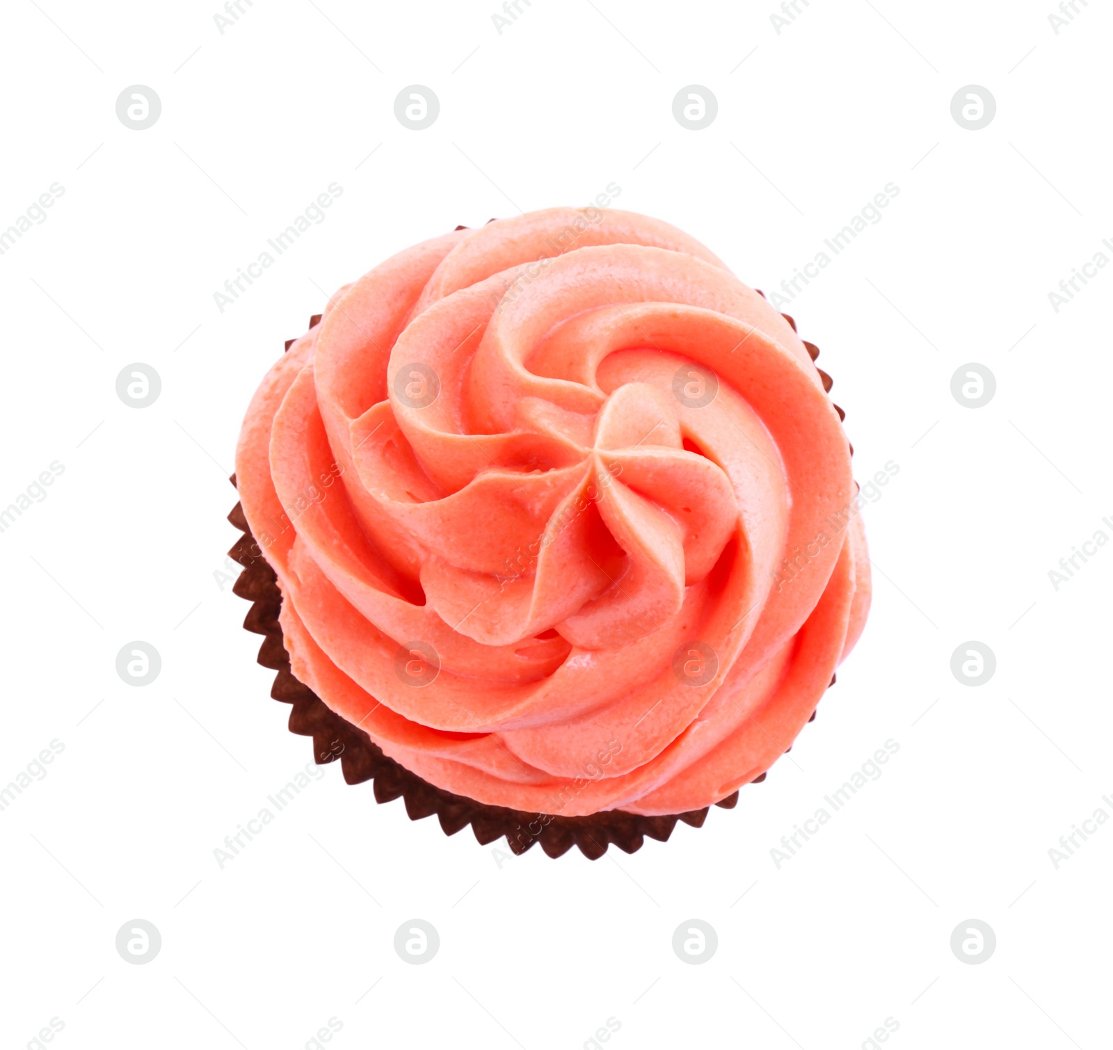 Photo of Delicious cupcake with pink cream isolated on white, top view