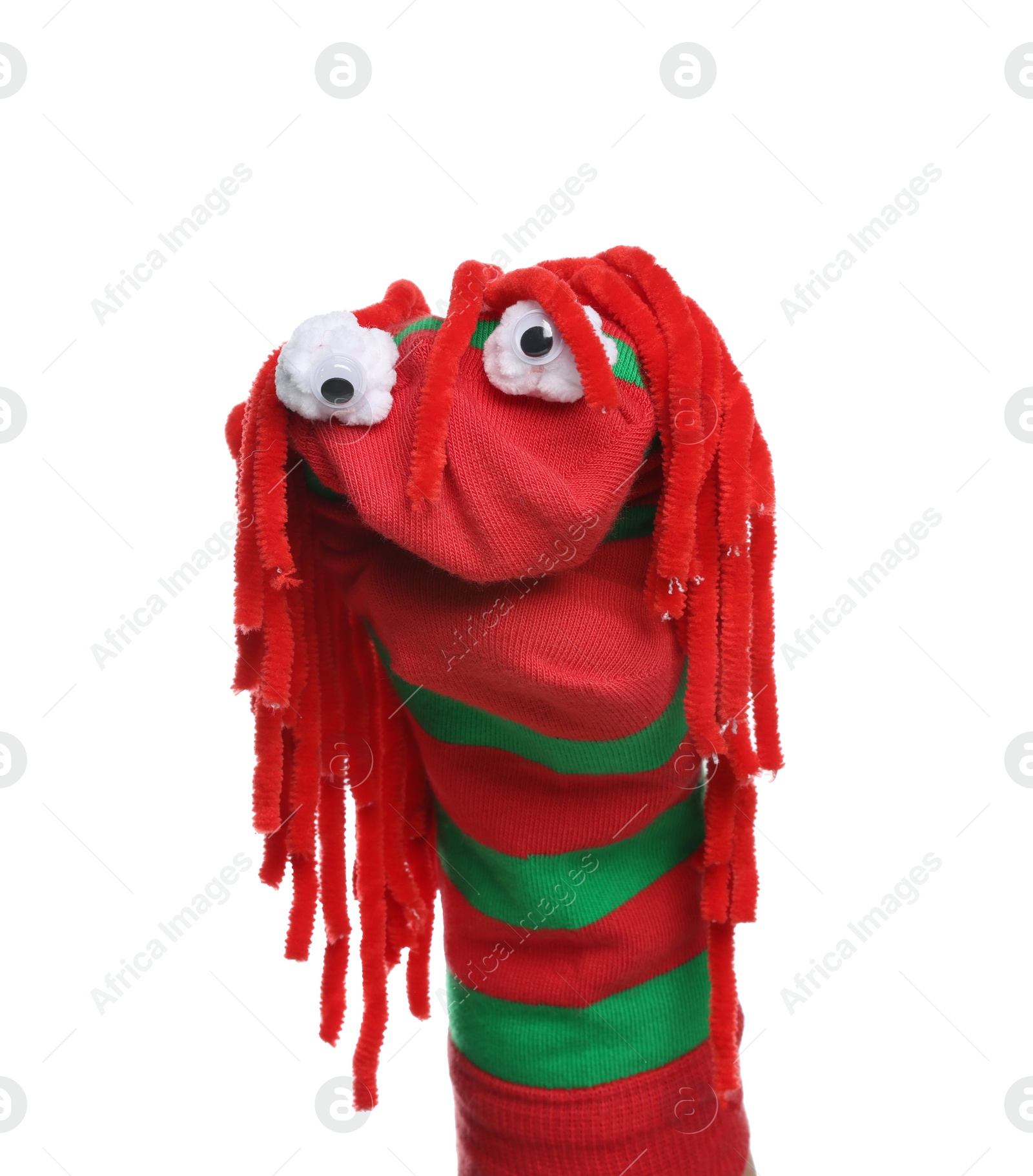 Photo of Funny sock puppet with hair isolated on white